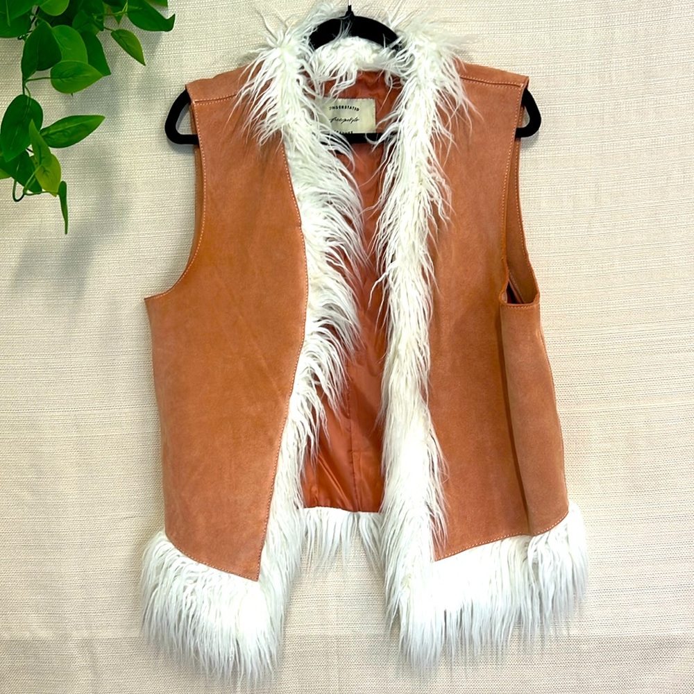 Orange Leather Vest Faux Fur Trim